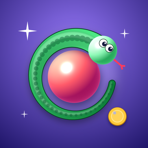 Puzzle Arcade app icon: a green snake curled around a red ball and a gold coin